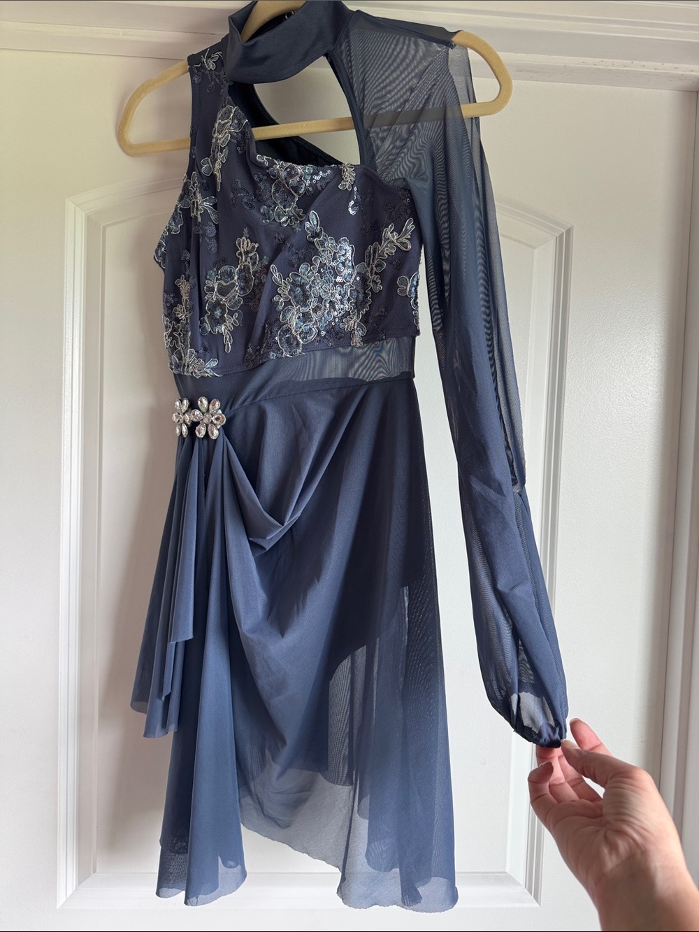 Embellished Slate Blue Weissman dance costume with Sheer Sleeve style 16219